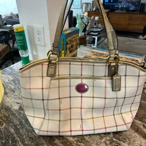 Coach Peyton Tatterall Plaid bag gold trim straps peeling has stains